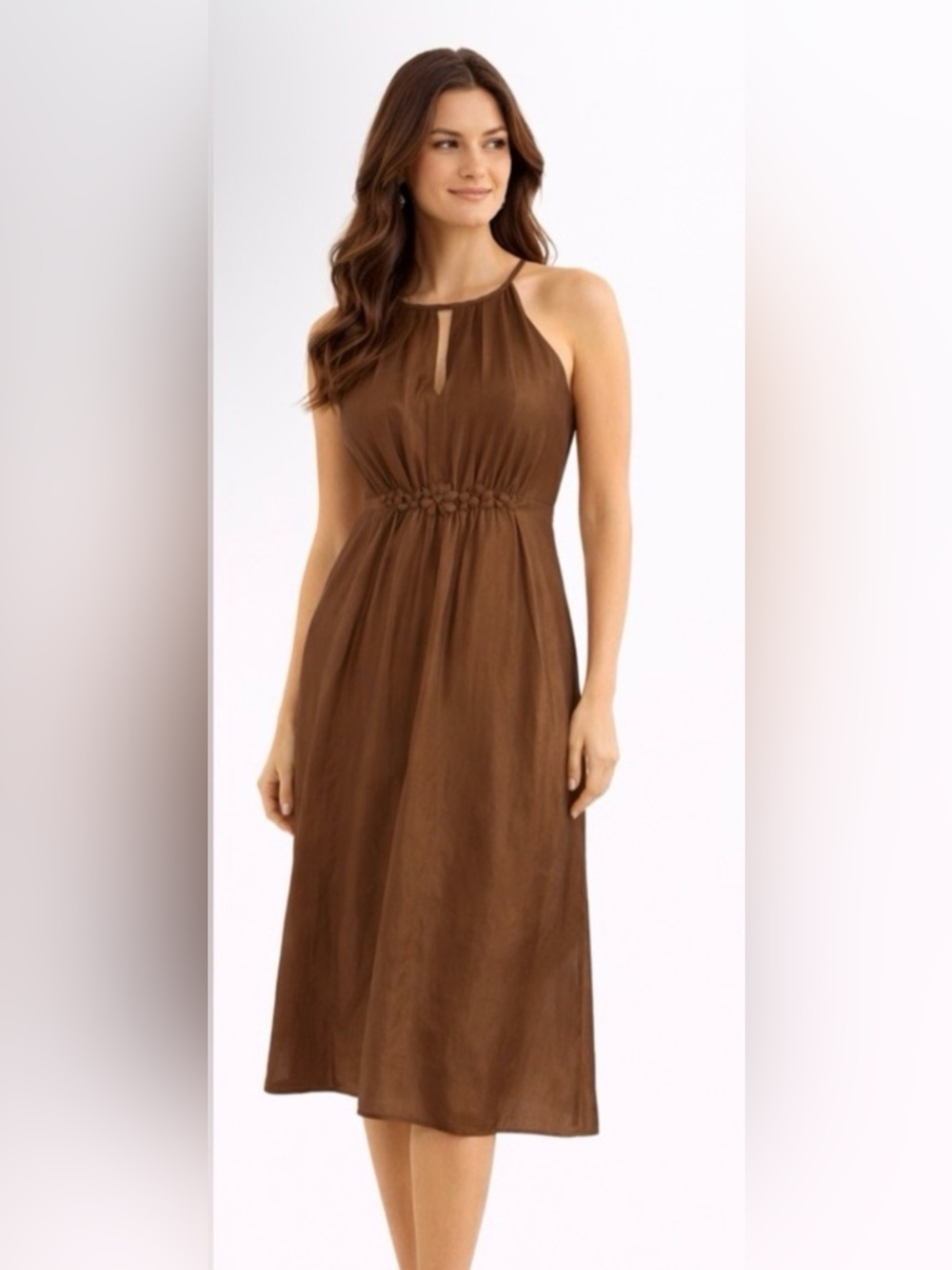 Solitaire Empire Waist Silk Midi Dress - Chocolate Brown